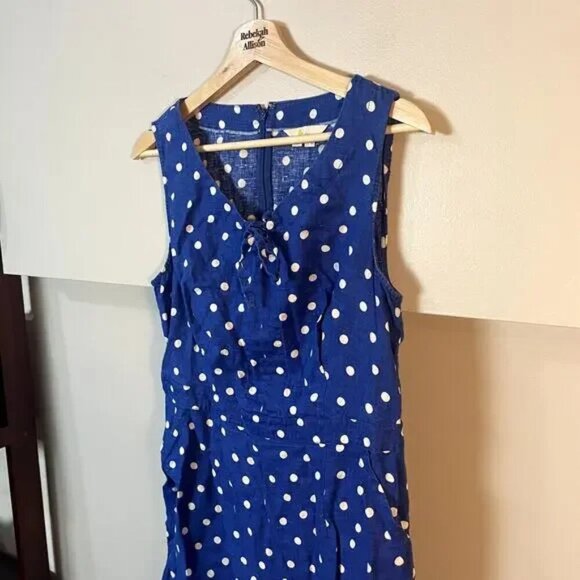 Boden Rae Linen Dress Blue & White Scattered Spot Polka Dot A-Line Dress SZ 8R - Picture 6 of 13